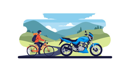 Fototapeta premium Man riding bicycle next to a parked motorcycle on a road.