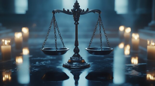 Ornate Scales of Justice represent the review of consumer protection law in a formal, dimly lit setting, symbolizing judgment and fairness.