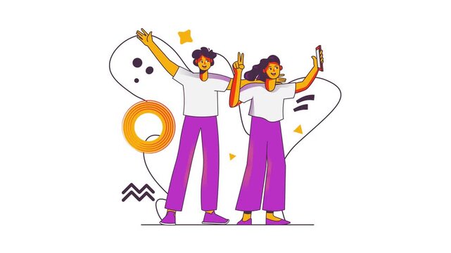 Animated cheerful women taking selfie with smartphone and abstract shapes