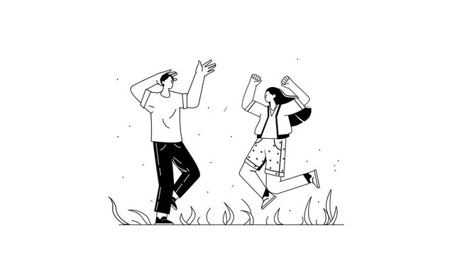 Minimal black and white animation line art of young man and woman dancing