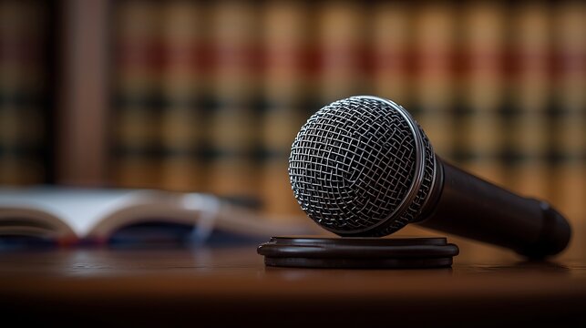 Vintage Microphone on Judge Desk with Legal Books