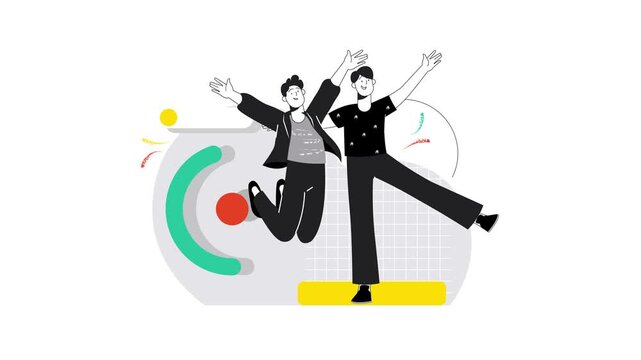 Playful young men jumping in abstract flat design animation on white