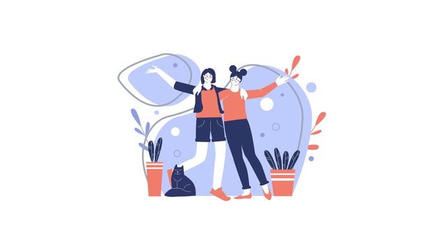 Animated illustration of two women hugging with cat and houseplants