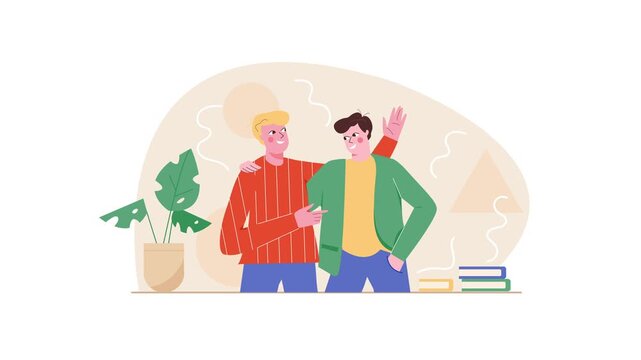 Two smiling men chatting in cozy home interior flat animation