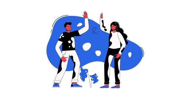 Flat animation of diverse coworkers high-fiving on abstract blue background