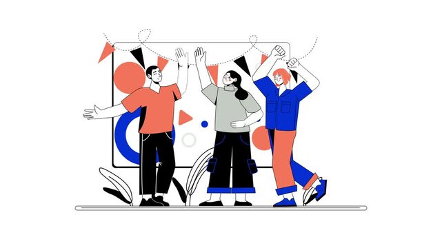 Diverse team celebrating success with high five in modern flat animation