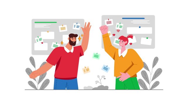 Animated teamwork scene with two coworkers high-fiving by project boards