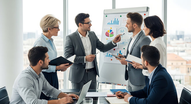 Business team in meeting discussing charts and graphs on whiteboard.