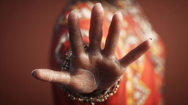 Extreme foreground close-up of a dark-skinned human palm extended toward the viewer, revealing intricate dermatoglyphics, while wearing beaded jewelry on the wrist against a muted crimson background.
