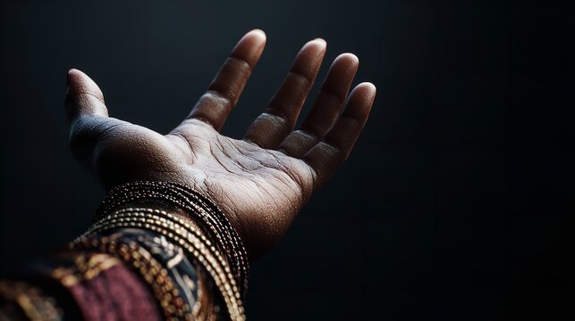 Upward facing open hand of a person with dark skin, adorned with multiple thin gold bangles around the wrist against a deep, obscured background, suggesting receiving or reaching.