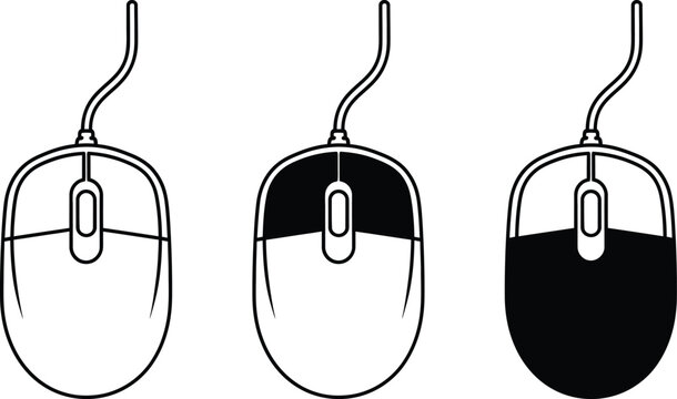 Three black and white computer mice illustrations