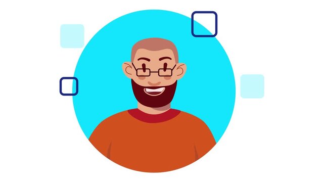 Smiling bearded man avatar animation with glasses and geometric shapes