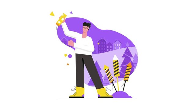 Festive man holding firecracker in purple celebration animation scene