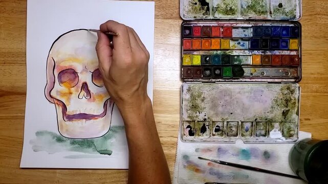 Watercolor Skull Outline Painting Timelapse on Paper with Artist Palette