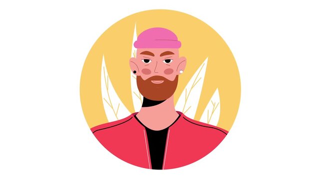 Stylish bearded man avatar in pink beanie and red jacket vector portrait
