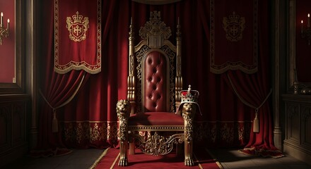 Fototapeta premium Luxury Red Velvet Throne Chair in Regal Medieval Chamber