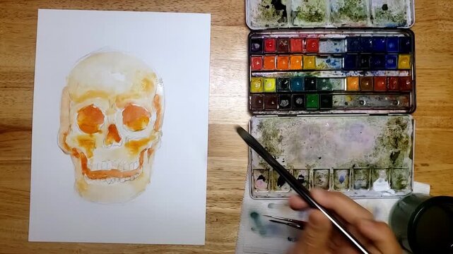 Watercolor Skull Under-Painting Timelapse on Paper with Artist Palette