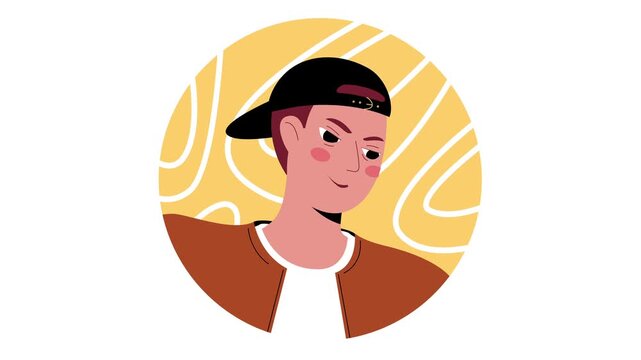 Animated young man in backward cap portrait on abstract yellow background