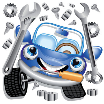 Car Cartoon Happy Character going to the workshop and surrounded by mechanical elements, bolts, socket wrench, pincers, screws. Vector illustration EPS
