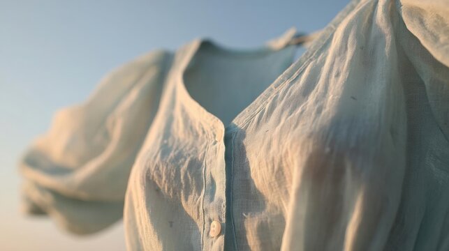 Close-up of a white blouse hanging on a clothesline. the blouse has a v-neckline and short sleeves. the fabric appears to be lightweight and has a subtle sheen.