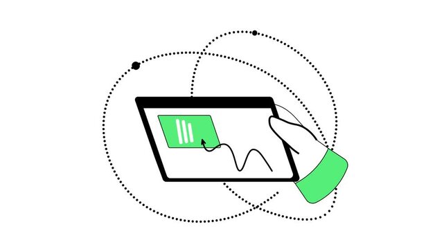 Hand tapping tablet screen with chart interface, animated vector illustration