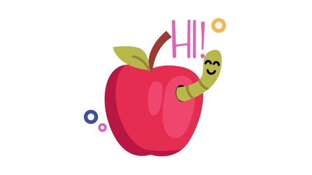 Cute apple mascot with smiling worm and Hi! greeting in cartoon animation