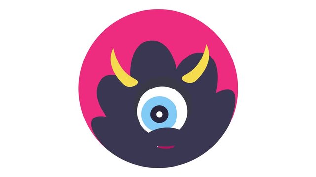 Cute one-eyed monster face animation icon in pink circle on white background