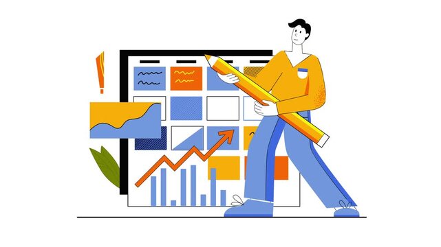 Animated designer holding giant pencil beside analytics dashboard and chart