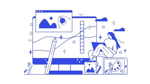 Animated graphic designer editing artwork on giant screen with laptop