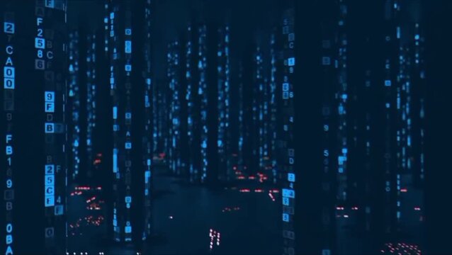Futuristic Digital City of Data Columns with Falling Blue Hexadecimal Code and Red Glow Accents