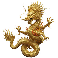 Fototapeta premium A highly detailed golden chinese dragon sculpture with intricate scales and majestic posture isolated on transparent background