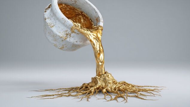 Liquid molten gold pouring from white ceramic garden pot onto white floor for wealth abundance and New Year prosperity