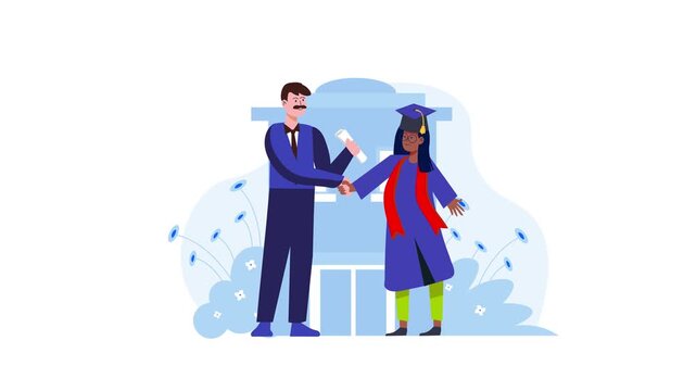 Animated professor congratulates graduate with diploma and handshake