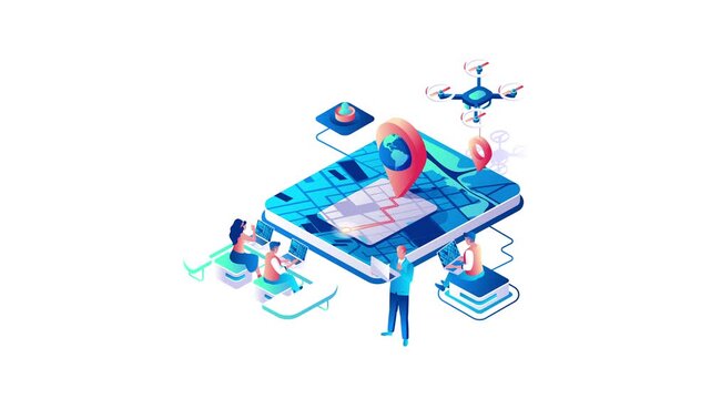 Isometric animation of team tracking global delivery on mobile map