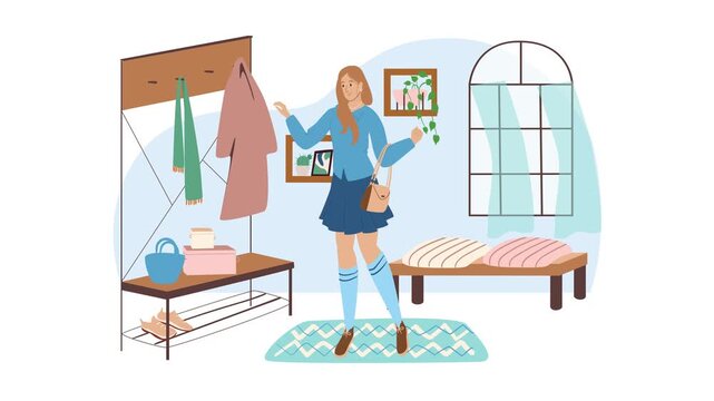 Animated flat illustration of woman shopping in stylish dressing room