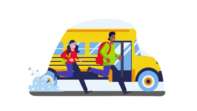 Students running to catch a yellow school bus cartoon animation