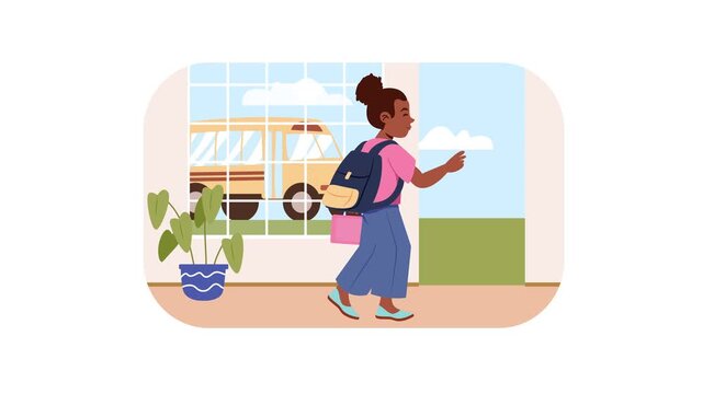 Animated schoolgirl with backpack hurrying past window and bus