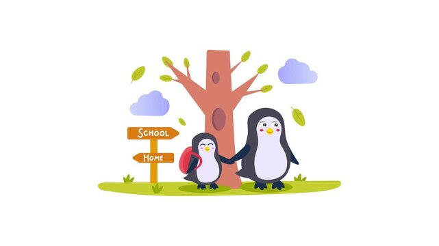 Animated penguin parent and chick beside school and home signpost