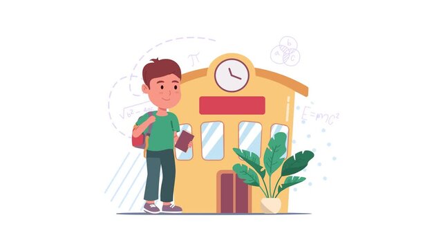 Cartoon schoolboy with backpack outside school building animation