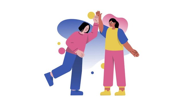 Two diverse women high fiving in colorful flat style animation on white