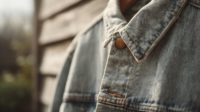 Close-up of the back of a denim jacket. the jacket is hanging on a wooden hanger and the background is blurred, but it appears to be an outdoor setting with trees and a wooden fence.