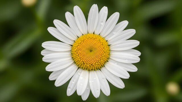 Closeup of beautiful white daisy flower with yellow center and water droplets on petals
