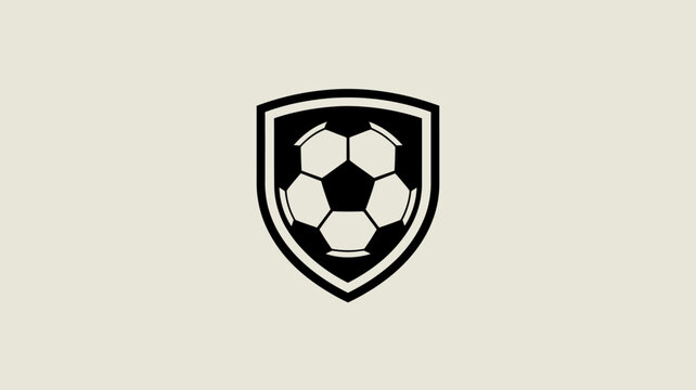 A minimalist graphic depicts a black soccer ball centered within a shield shaped outline presented on a neutral beige background high quality professional detailed modern elegant