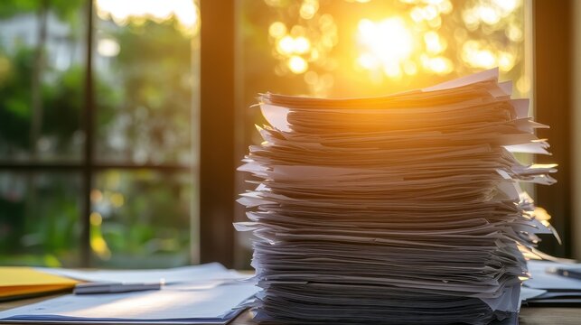 Stack of Business Documents and Policy Papers Illuminated by Bright Sunlight Near a Window