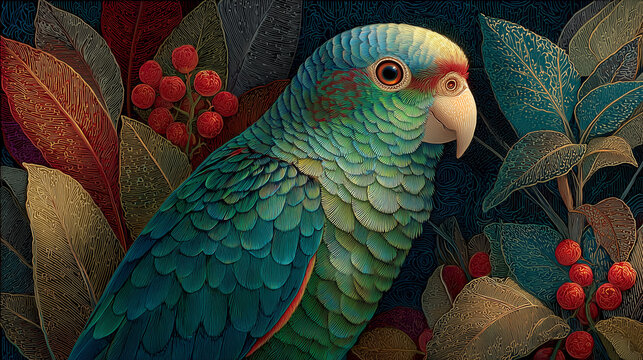 Barwna papuga o turkusowych pi&oacute;rach na tle ciemnej roślinności z czerwonymi owocami. Elegancka, nastrojowa ilustracja pełna detali natury.