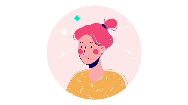 Animated female portrait with pink hair in abstract circle background