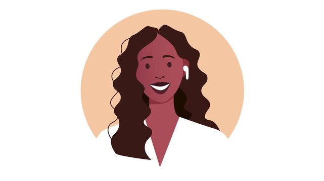 Smiling Black woman avatar with wireless earbuds in flat vector style