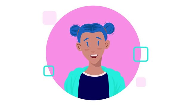 Smiling blue-haired girl avatar on pink circle background animation