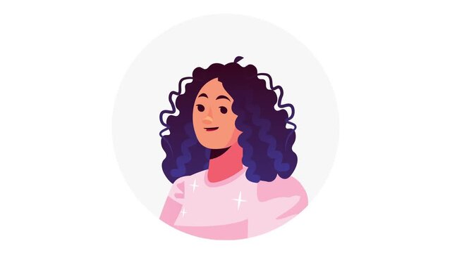 Smiling young woman with curly hair in pink sweater, isolated vector animation