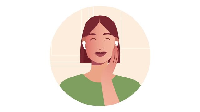 Smiling woman with earbuds and hand on cheek in flat illustration